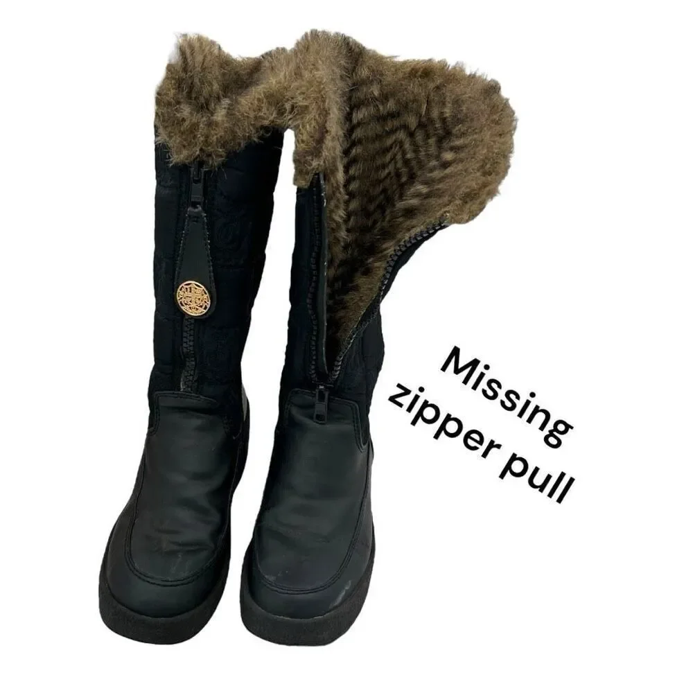 Juicy Couture Women's Size 7 Faux Fur Quilted Front Zip Wedge Winter Boots Black